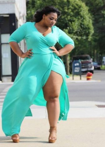 Long summer turquoise wrap dress for overweight women