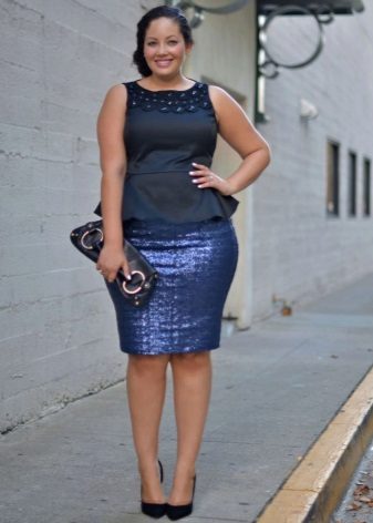Office dress in blue (top and skirt from different fabrics) for full