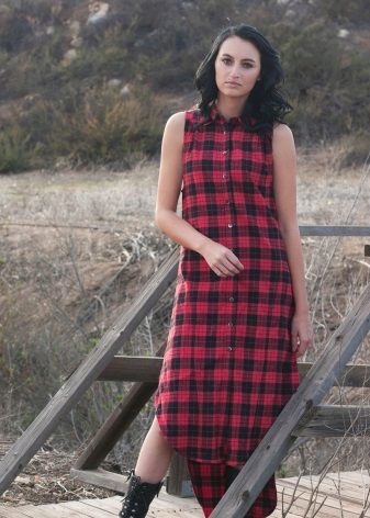One-piece check shirt dress with an asymmetrical hem