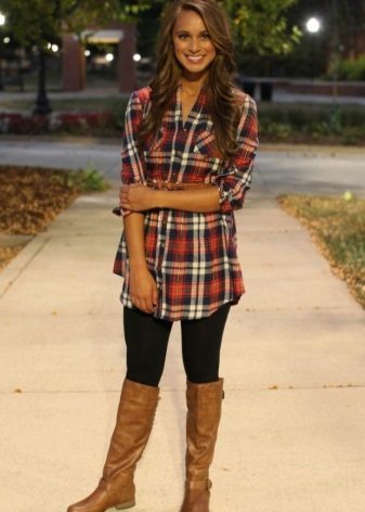 Plaid shirt dress with leggings and brown flat boots