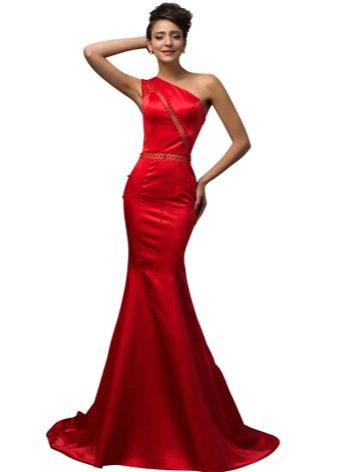Red satin dress with a train