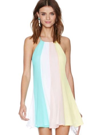 White A-Line Dress na may Turquoise, Beige at Dilaw
