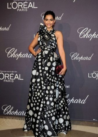 Black long dress in large and small white polka dots