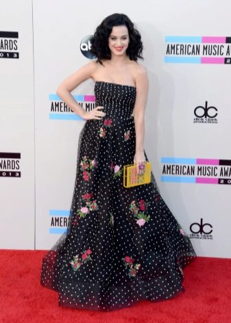 Long black dress with floral print in white small polka dots