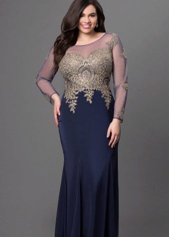 Abito lungo bicolore per un completo con un top dorato con una manica lunga e una gonna blu