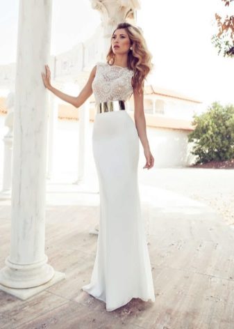 Long wedding dress sheath with a gold belt