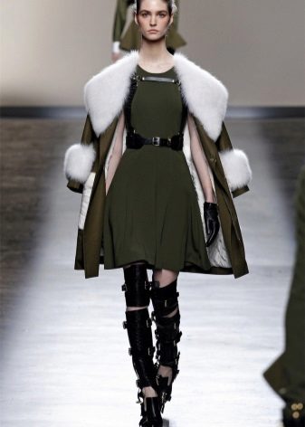 Coat with a fur edge and cuffs for a dress in a military style