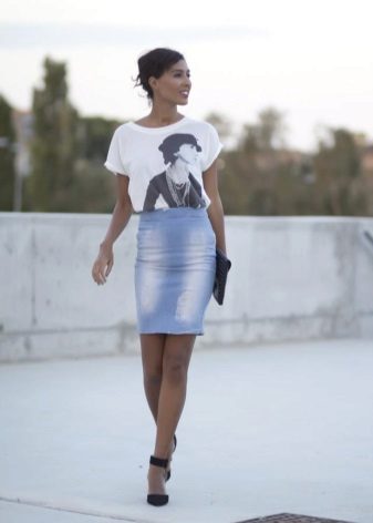 Denim pencil skirt above the knee