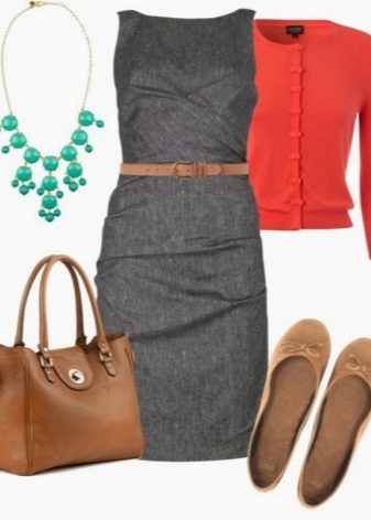 Terracotta blouse to a gray sheath dress