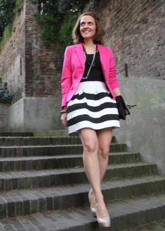 Conical striped skirt with a bright fuchsia jacket