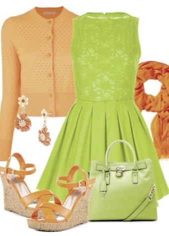 Light green dress in combination with orange accessories