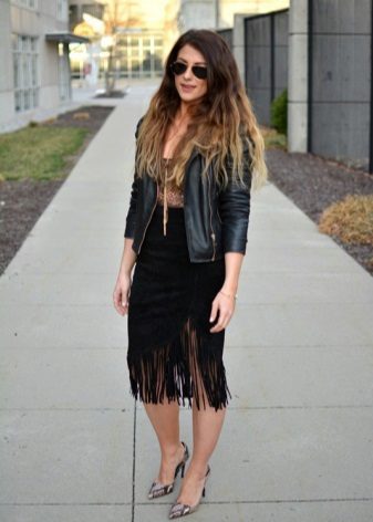 Black Fringe Suede Skirt