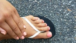 Original pedicure design in peach color