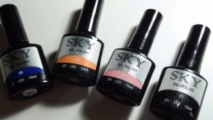 Features and a palette of shades of gel polishes Sky
