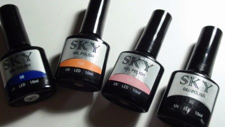 Features and a palette of shades of gel polishes Sky
