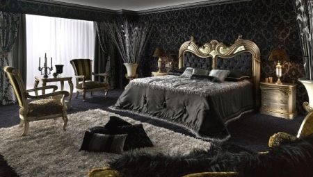 Black bedroom: a choice of a headset, wallpaper and curtains