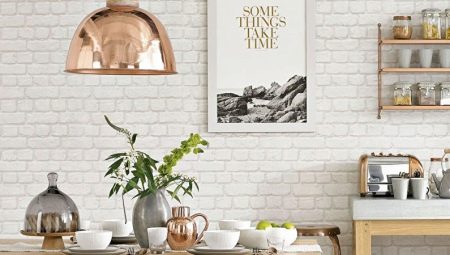 Wallpaper under the brick in the interior of the kitchen