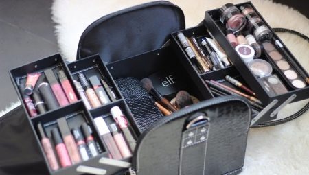 Set of makeup cosmetics in a suitcase