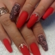 Design of red manicure on long nails.