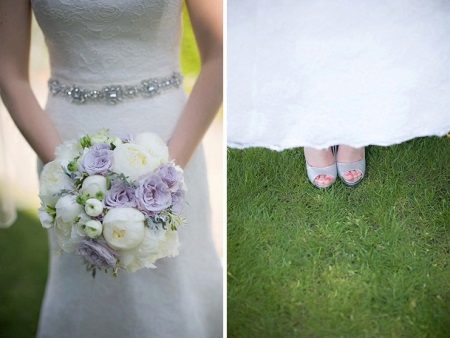 Bridal bouquet and lavender wedding shoes