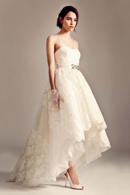 Short lace wedding dress with train