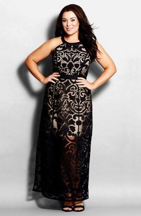Black lace sheath evening dress for full
