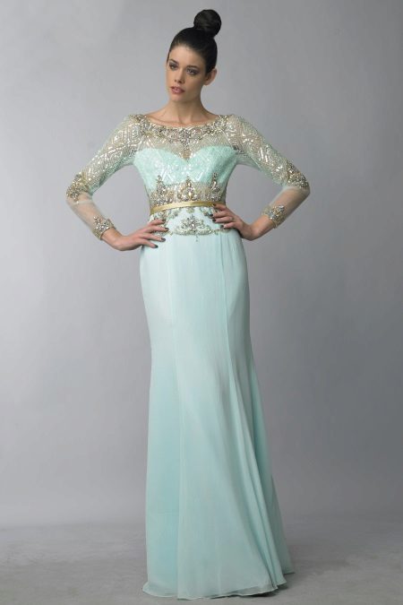 Mint color evening dress with pastel notes