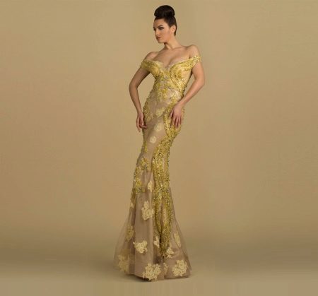 Yellow beige pattern evening dress