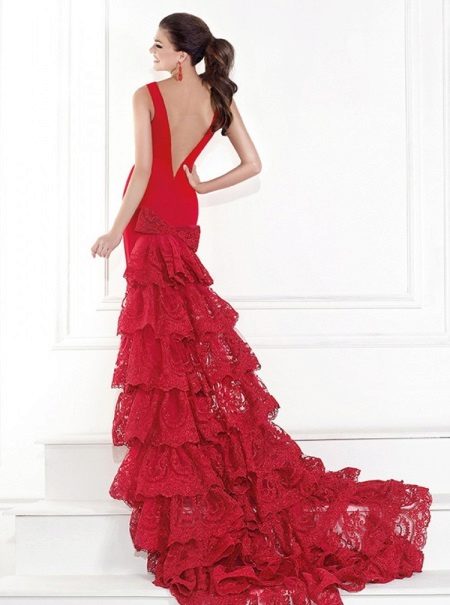 Red dress mermaid evening with lace back