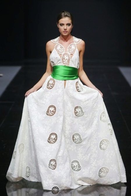 White cotton evening dress with lace accents