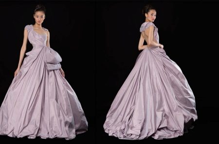 Purple puffy silk evening dress