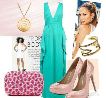 Turquoise dress with light pink accessories