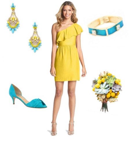 Mustard dress with turquoise aqua accessories