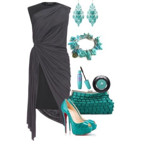 Accessories of a green color to a dress of gray color