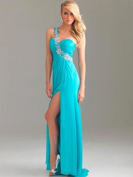 Greek one-shoulder dress on the floor