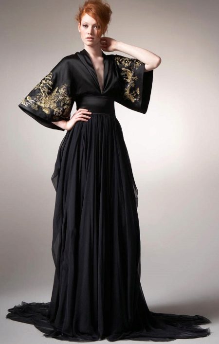 Evening long black dress with oriental embroidery