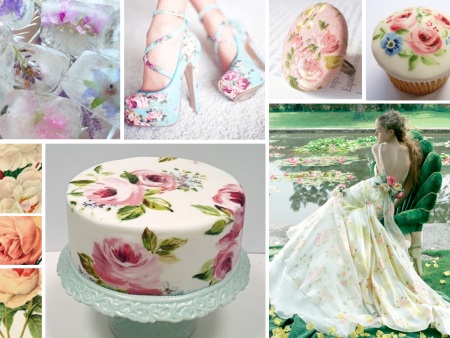 Floral print on a wedding dress, shoes and cake