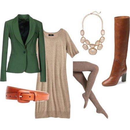 Flesh dress with a green jacket