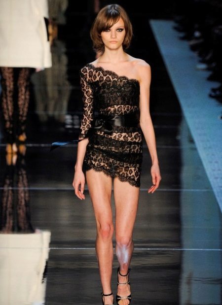 Short Sheer Lace One Shoulder Dress