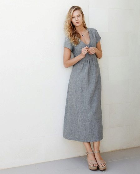 Gray midi length linen dress