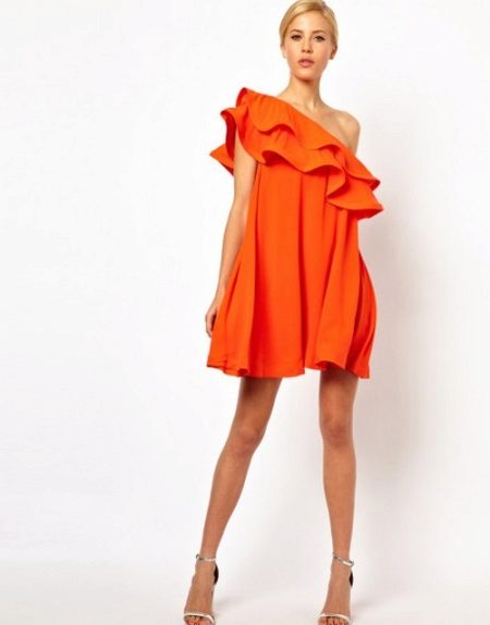 Dress with a flounce on one shoulder for the figure Pear (triangle)