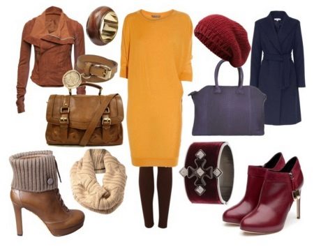 A selection of accessories for a yellow knit dress