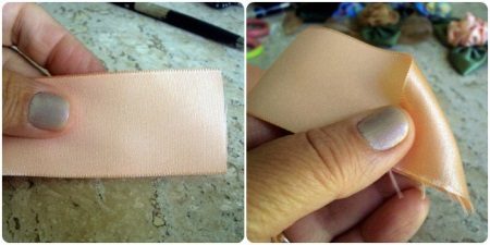 Forming the middle of a flower from a satin ribbon