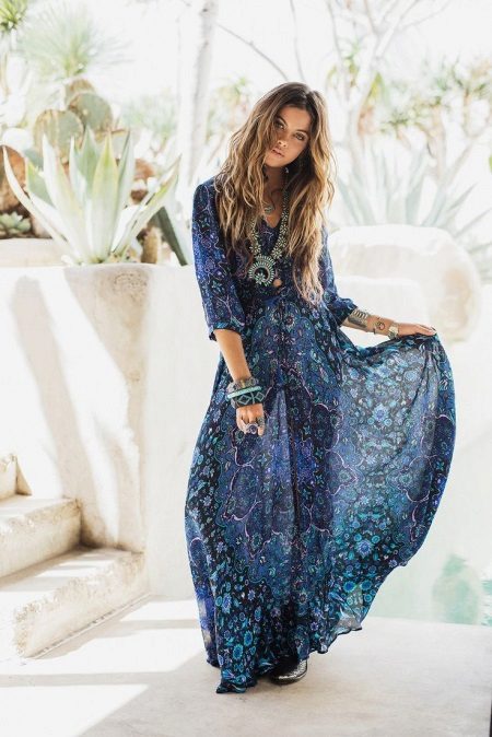 Boho style dress with sleeves blue