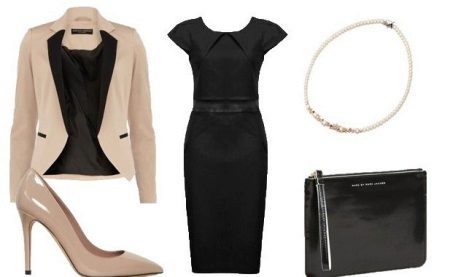 beige accessories for a black sheath dress