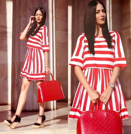 skirt and blouse with different stripes