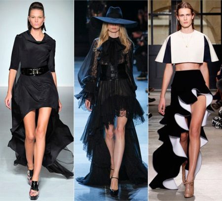 Asymmetric skirts with a train above the knee